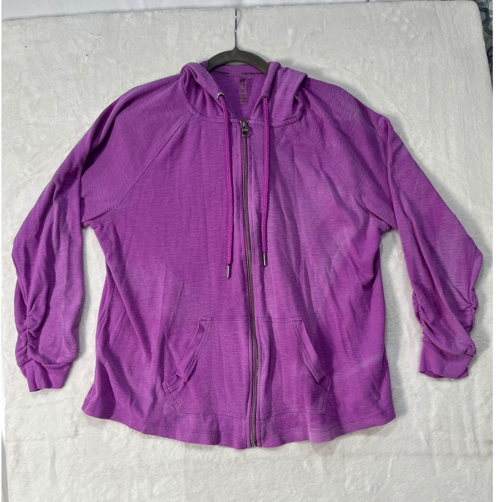 Calvin Klein Performance Purple Waffle Knit Zip Up Hoodie Ruched Sleeve 2X